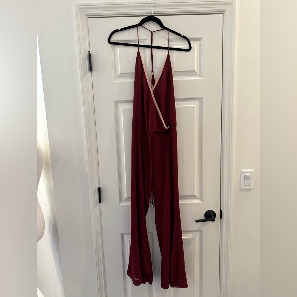 NWT Ramona LaRue by Arianna Braid Strap Jumpsuit Wide Leg XS Burgundy and Pink